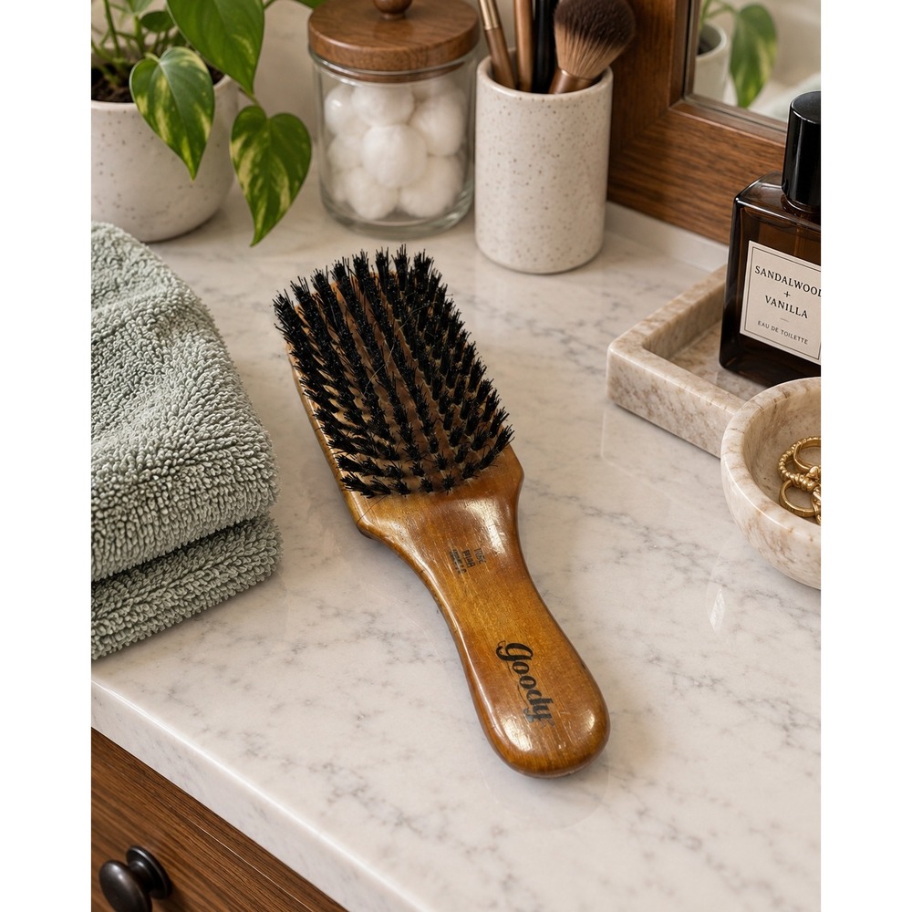 Vintage Goody Wooden Hair Brush 100% Boar Bristle 7" Wood Handle USA
